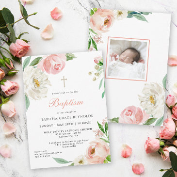 blush pink watercolor floral baby baptism invitation
