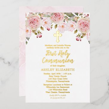 blush pink watercolor floral first holy communion foil invitation