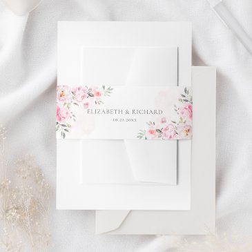 blush pink watercolor floral greenery wedding invitation belly band