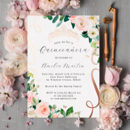 Small Blush Rose Gold Flower Scroll Quinceanera  Foil Invitation Front View