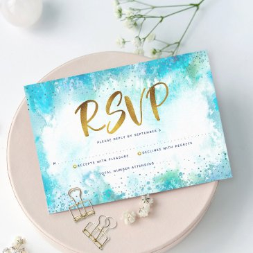 b'nai mitzvah modern gold turquoise watercolor rsvp invitations