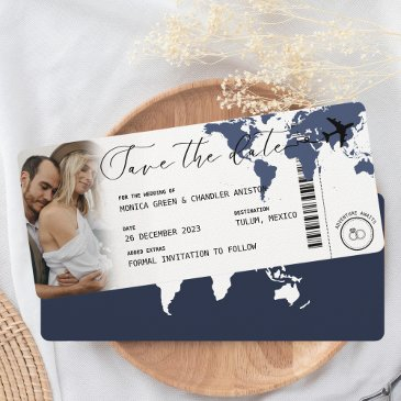 boarding pass navy blue map photo save the date