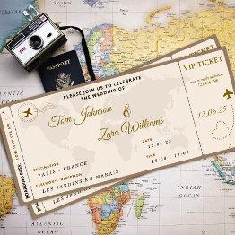 Small Boarding Pass Wedding Vip Airline Ticket Beige Invitation Front View