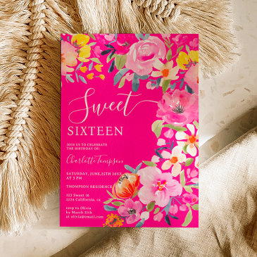 bohemian bold floral watercolor pink sweet 16 invitation