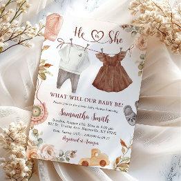 Small Bohemian Fall Baby Clothes Gender Reveal Invitation Front View