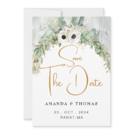Small Bohemian Lush Greenery Arch Summer Garden Gold Save The Date Front View
