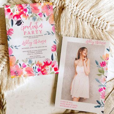 bohemian pink watercolor flowers graduation invitation