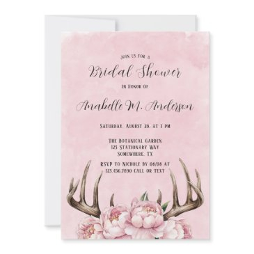 boho antler and pink peonies bridal shower invitation