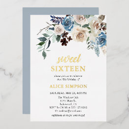 Small Boho Blue Flowers Dried Leaves Sweet 16 Foil Invit Foil Invitation Front View