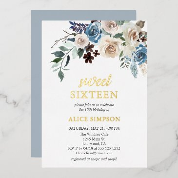 boho blue flowers dried leaves sweet 16 foil invit foil invitation