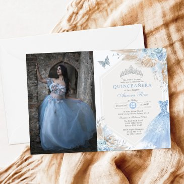 boho blue silver quinceañera 15th birthday photo invitation