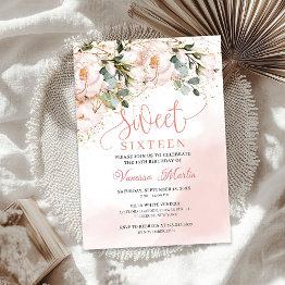 Small Boho Blush Pink Floral Gold Leaves Sweet Sixteen Invitation Front View