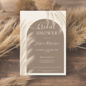 boho brown pampas grass watercolor bridal shower invitation