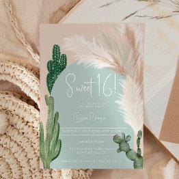 Small Boho Cactus Pampas Arch Green Earth Tone Sweet 16 Invitation Front View