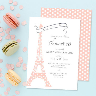 boho chic eiffel paris blush polka dots sweet 16 invitation