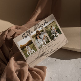 Small Boho Chic Three Photos Collage Unique Wedding Invitation Front View
