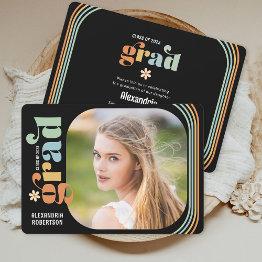 Small Boho Daisy Retro Text Photo Graduation Party Invitation Front View