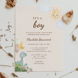 Small Boho Dinosaur Beige It's A Boy Baby Shower Invitation Front View