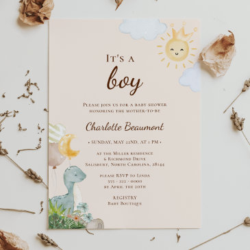boho dinosaur beige it's a boy baby shower invitation