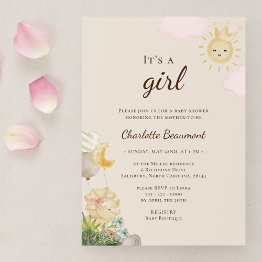 Small Boho Dinosaur Beige It's A Girl Baby Shower Invitation Front View
