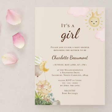 boho dinosaur beige it's a girl baby shower invitation