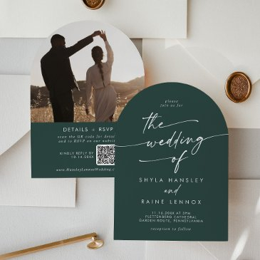 boho emerald green photo qr code arch wedding invitation