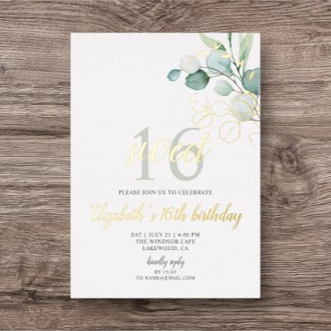 boho eucalyptus leaves sweet 16 foil invitation