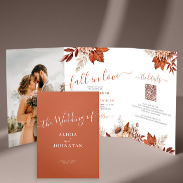boho fall botanical photo qr rsvp details wedding tri-fold invitation