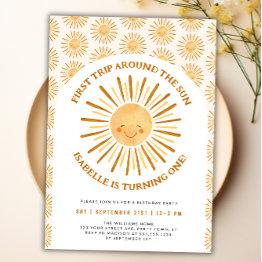 Small Boho First Trip Around The Sun 1st Birthday Party Invitation Front View