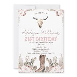 Small Boho Floral Cactus Rodeo 21st Birthday Invitation Front View