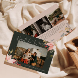 Small Boho Floral Four Photo Happy New Year Holiday Invitations Front View