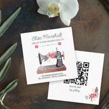 boho floral vintage sewing machine and qr code square business invitations