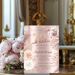 Small Boho Flowers Rose Gold 70th Birthday Party Invitation Front View