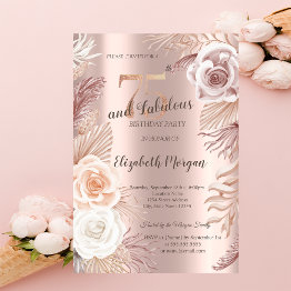 Small Boho Flowers Rose Gold 75th Birthday Invitation Front View