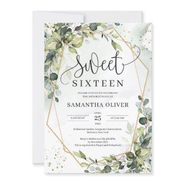 boho greenery leaves gold geometric sweet sixteen invitation