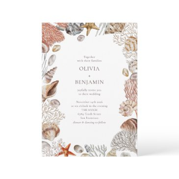boho ocean seashells coral beach unique wedding invitation