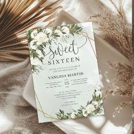 Small Boho Olive Foliage White Roses Sweet Sixteen Invitation Front View