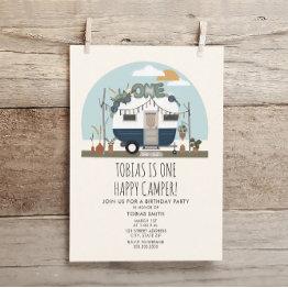 Small Boho One Happy Camper 1st Birthday Party Blue Invitation Front View