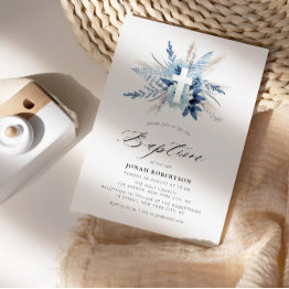 Small Boho Pampas Grass Blue Floral Cross Baptism Invitation Front View