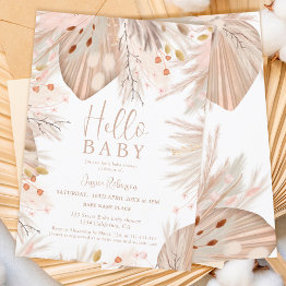 Small Boho Pampas Grass Gender Neutral Hello Baby Shower Invitation Front View