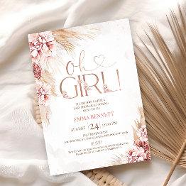 Small Boho Pampas Grass Oh Girl Baby Shower Invitation Front View