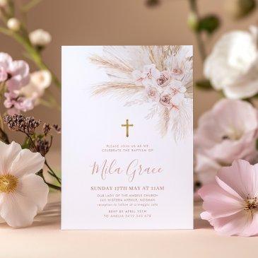boho pampas pink girl floral baptism christening  invitation