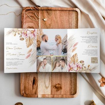 boho pampas pink orchid floral qr code wedding tri-fold invitation