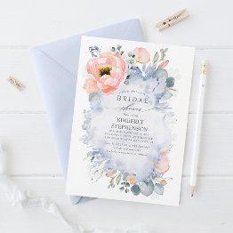 Small Boho Peach Flowers Soft Dusty Blue Bridal Shower Invitation Front View