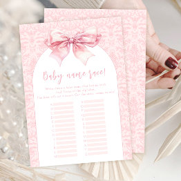 Small Boho Pink Bow Baby Girl Shower Name Race Game Invitations Front View