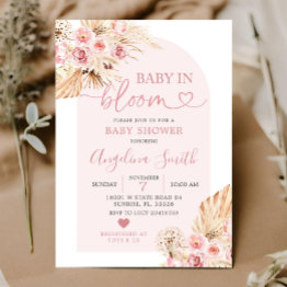 Small Boho Pink Floral Arch Baby In Bloom Baby Shower In Invitation Front View