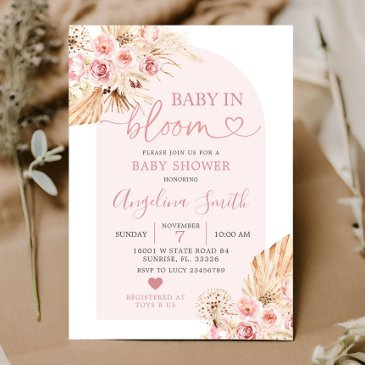 boho pink floral arch baby in bloom baby shower in invitation