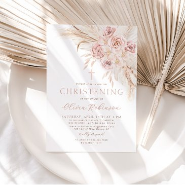 boho pink floral christening baptism invitation