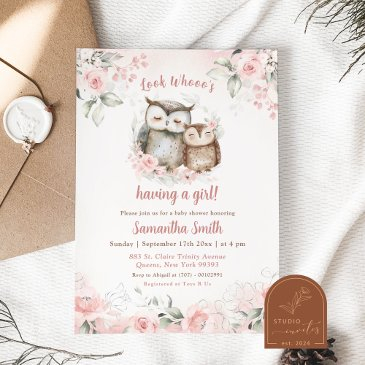 boho pink floral owl baby shower invitation
