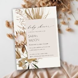 Small Boho Protea Dried Palm Floral Baby Shower Invite Front View